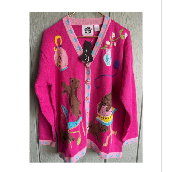 Storybook Knits Sweaters - NWT Vintage Stonybrook Knits Cat Cardigan Whimsical Pink Kitten Sweater | Size L